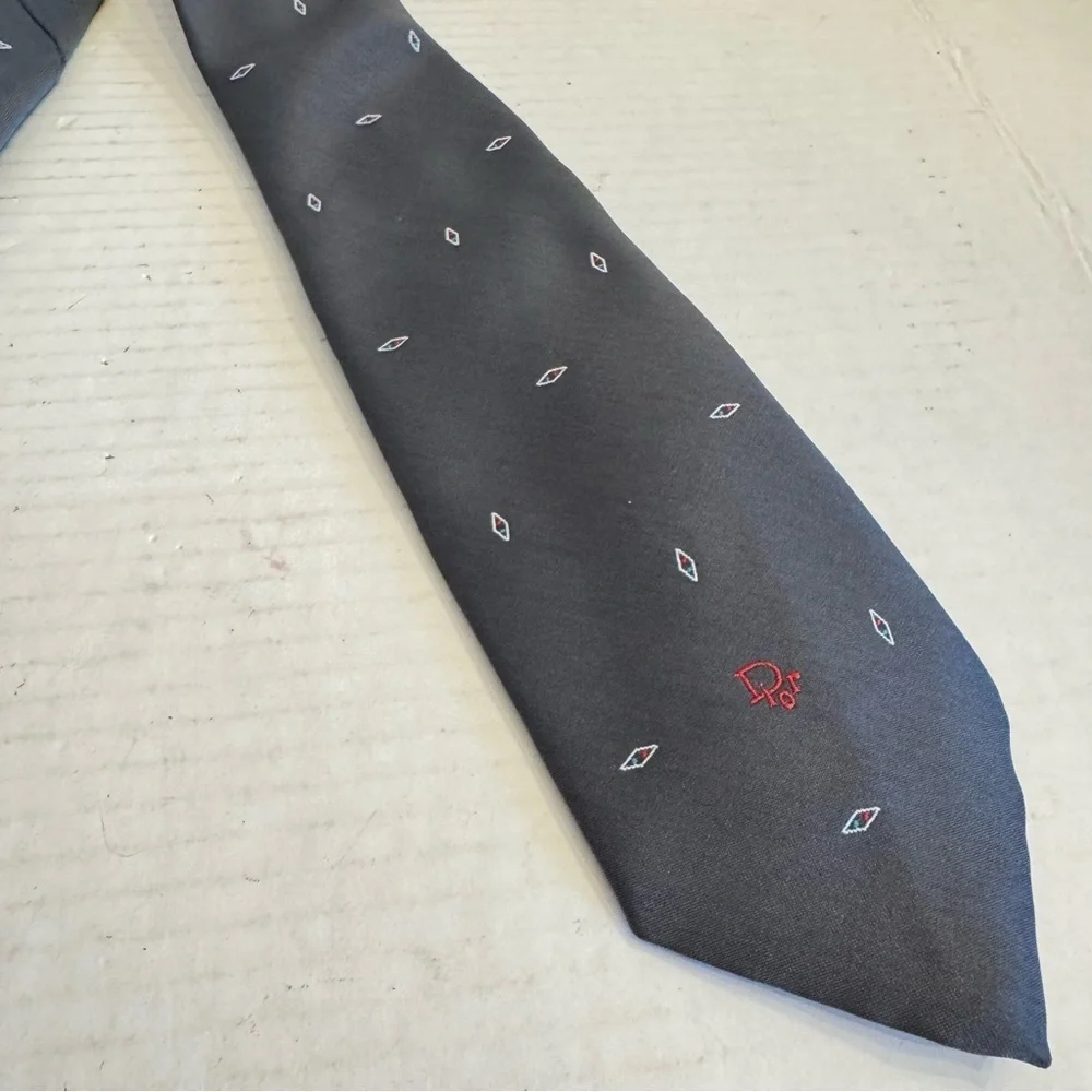 Vintage Christian DIOR Designer Neck Tie Striped Gray Diamonds Business Preppy